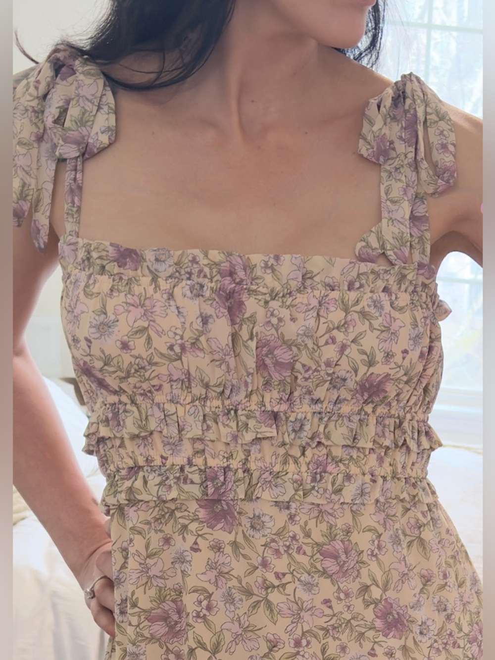 🌸 ASTR The Label Floral Maxi Dress XS Cottagecore Tie Strap Ruffle Boho - Picture 3 of 11
